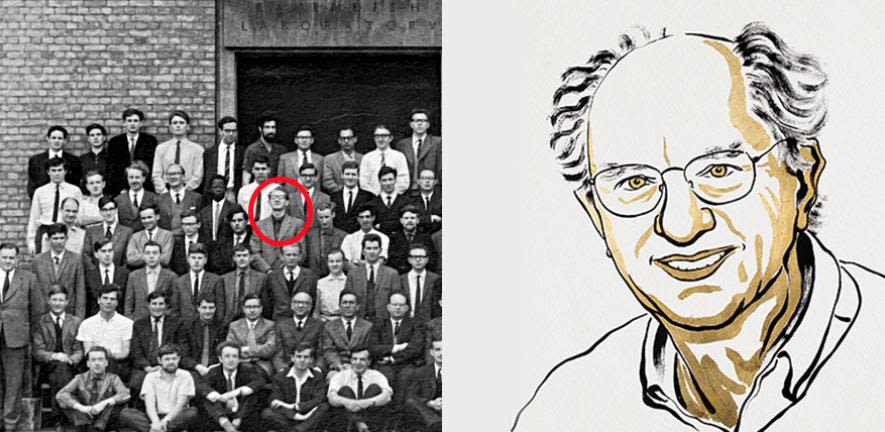 (left) John Clarke (circled) as a PhD student at the Cavendish Laboratory; (right) Illustration of John Clarke.