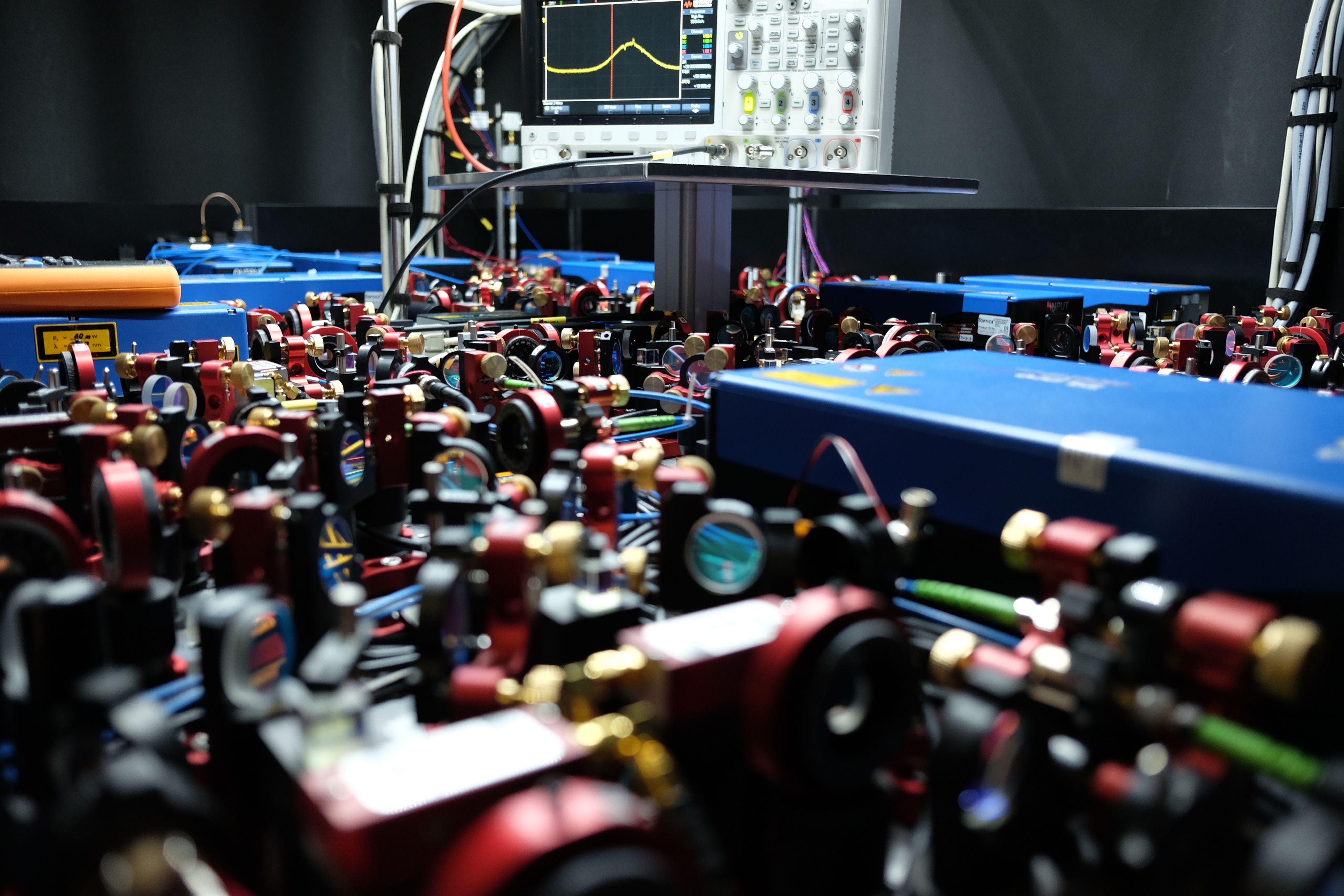 Close-up of a laser table in the lab